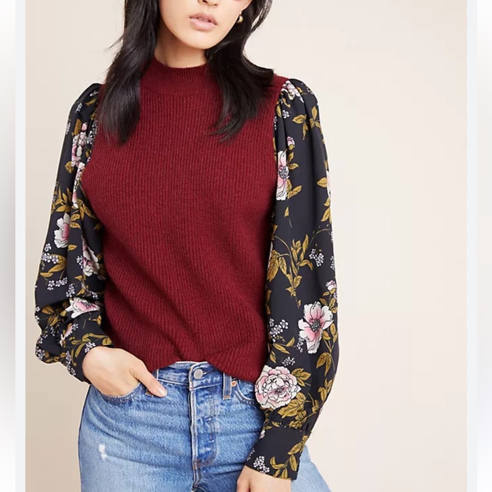 Amadi Nathalie Mock Neck Sweater Maroon with Black Floral Sleeves Size Medium